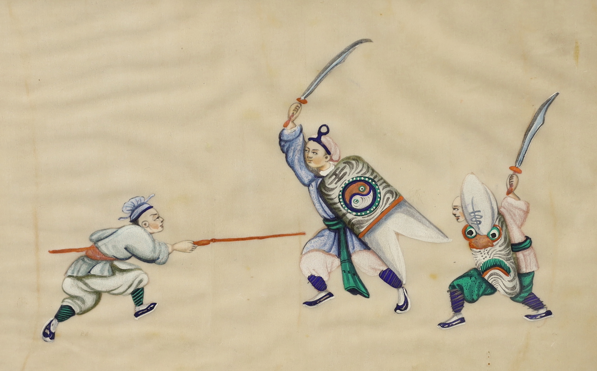 Chinese School, set of four pith paper paintings, Figures and attendants, 17 x 27cm
